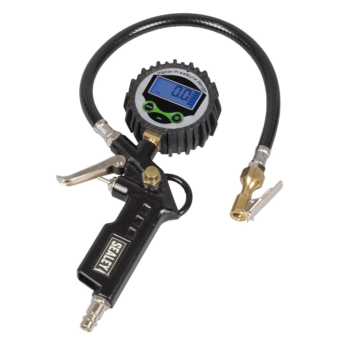 Sealey Digital Pistol Grip Tyre Inflator with Clip-On Connector SA332D