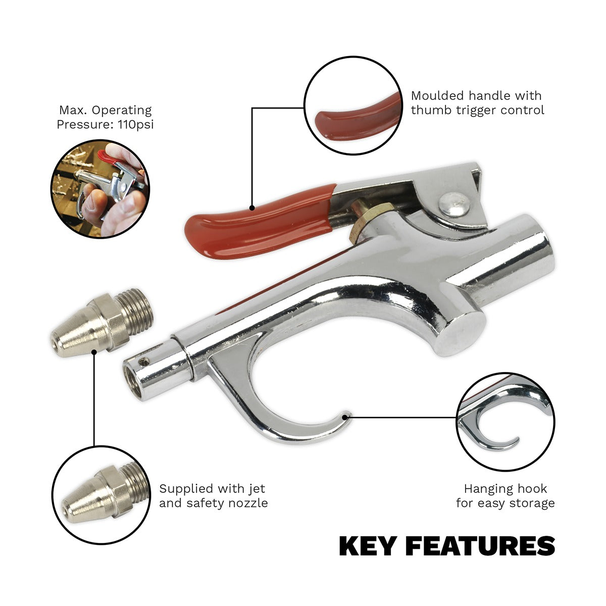 Sealey Palm Type Air Blow Gun with 1/4"BSP Air Inlet & Safety Nozzle SA913