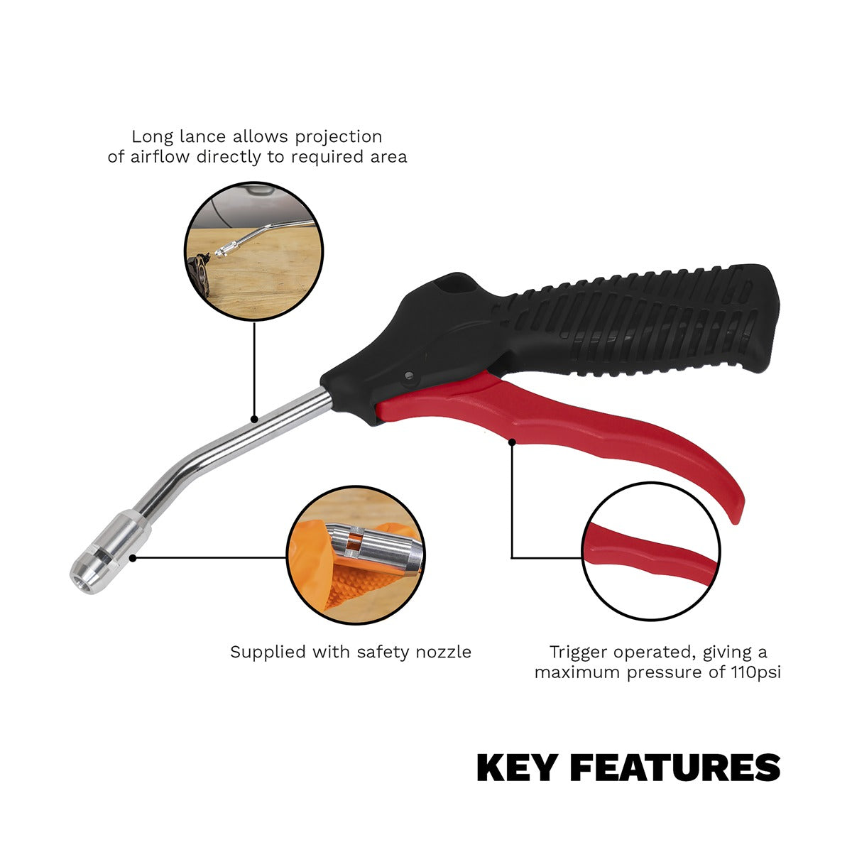Sealey Air Blow Gun 100mm with 1/4"BSP Air Inlet & Safety Nozzle SA9131