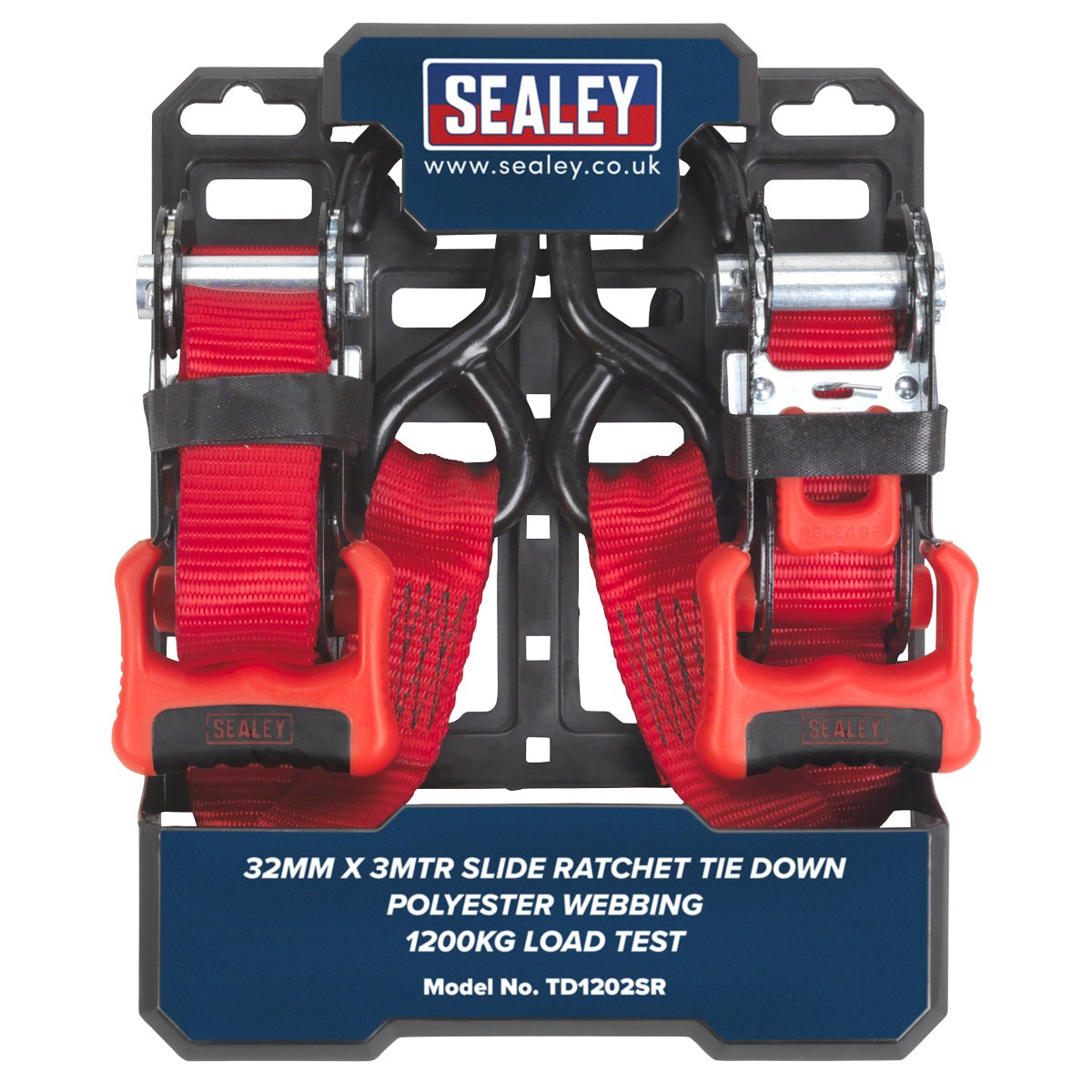 Sealey Slide Ratchet Strap Polyester Webbing with S-Hooks 32mm x 3m 1200kg Breaking Strength TD1202SR