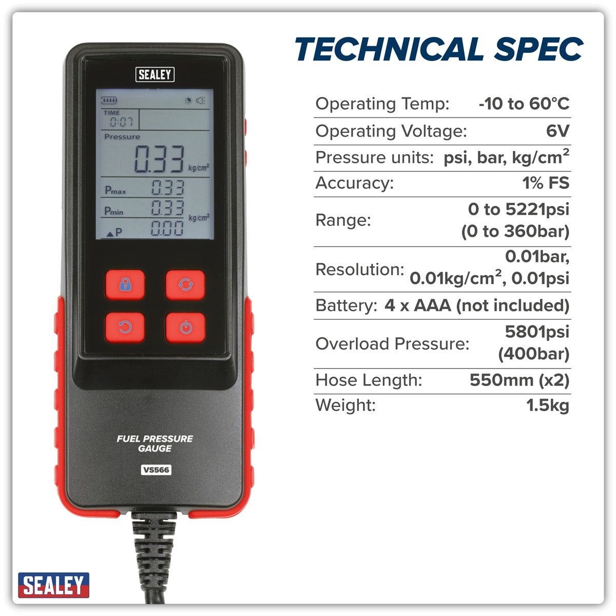 Sealey Digital Fuel Injection Pressure Test Kit for GDI Fuel Circuits 6pc VS566