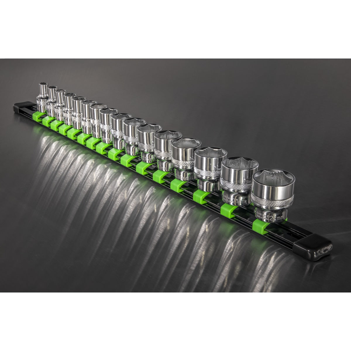 Premier Socket Retaining Rail with 16 Clips 3/8"Sq Drive - Hi-Vis Green AK27053HV