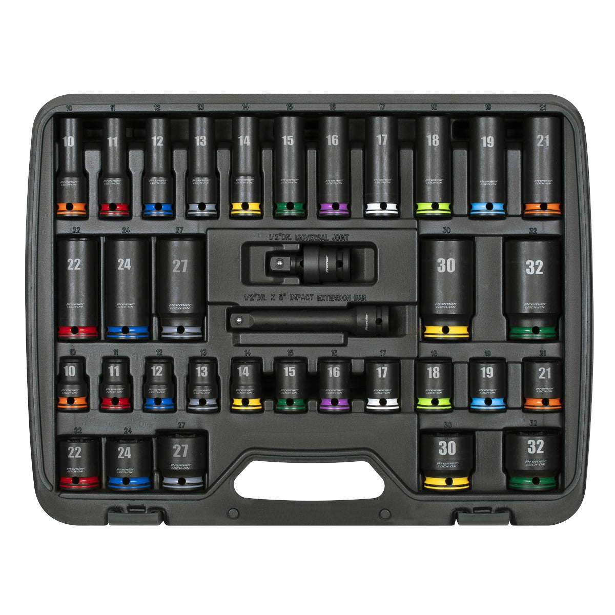 Premier Lock-On Standard & Deep Impact Socket Set 34pc 1/2"Sq Drive 6pt Metric AK5636M