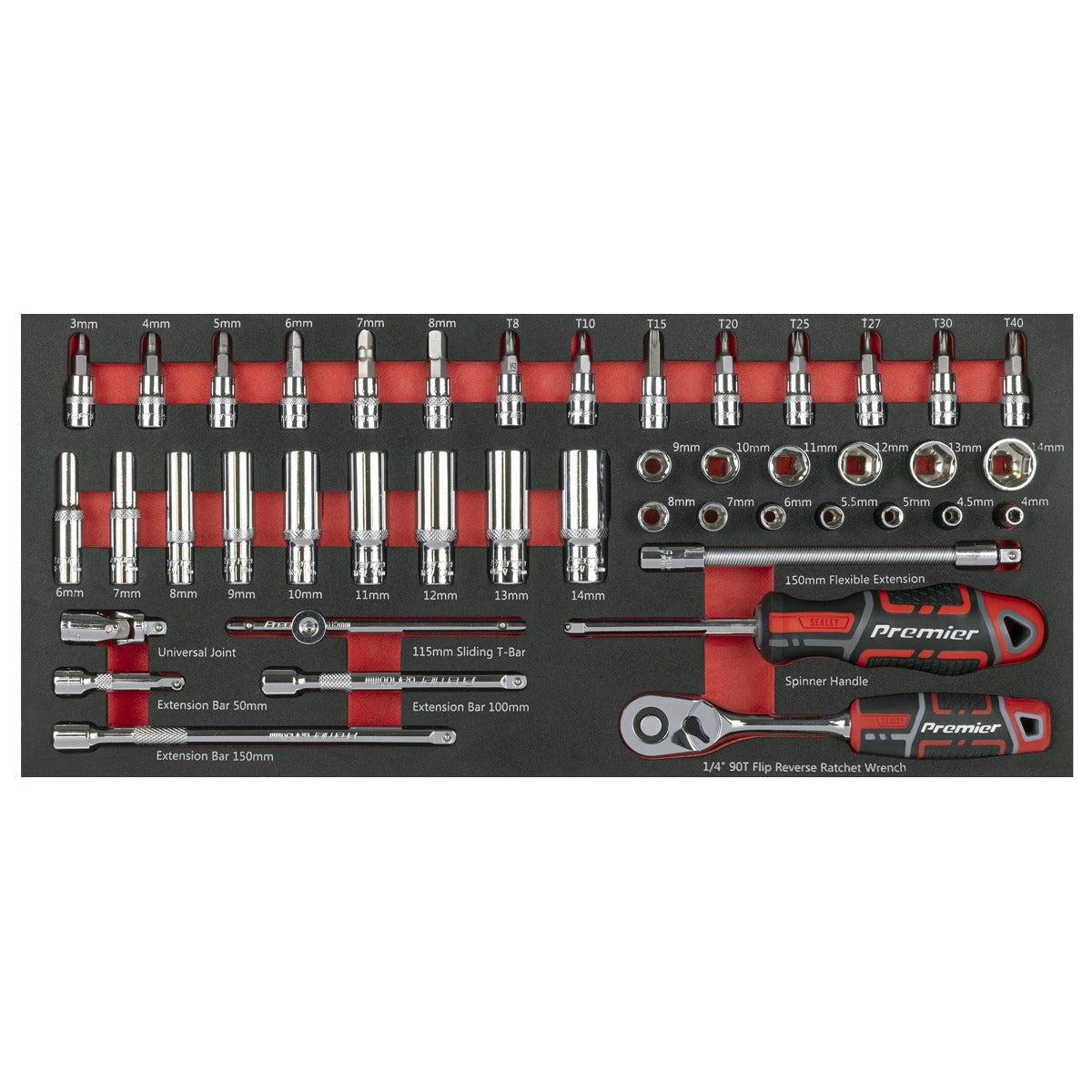 Premier Socket Set with Tool Tray 1/4"Sq Drive 44pc TBT40