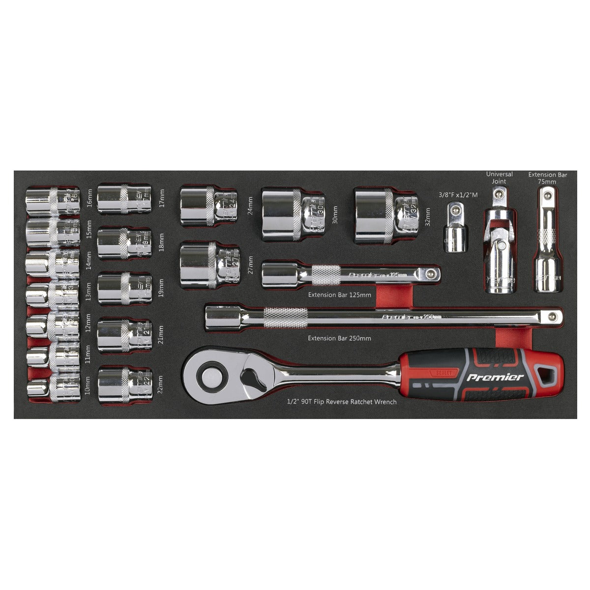 Premier Socket Set with Tool Tray 1/2"Sq Drive 22pc TBT42