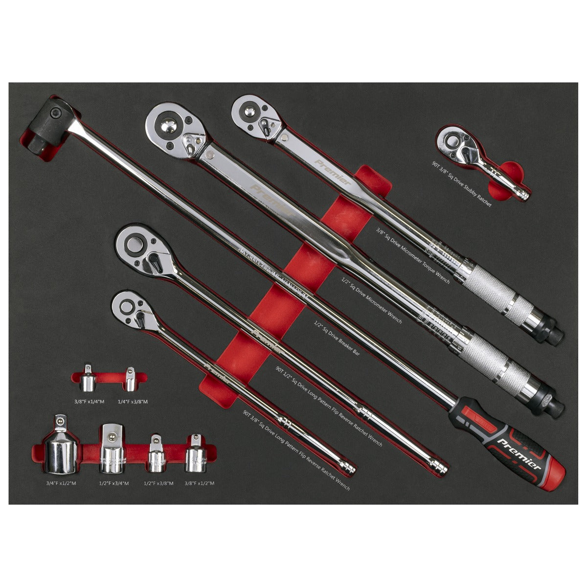 Premier Ratchet, Torque Wrench, Breaker Bar & Socket Adaptor Set with Tool Tray 3/8"Sq & 1/2"Sq Drive 12pc TBT45