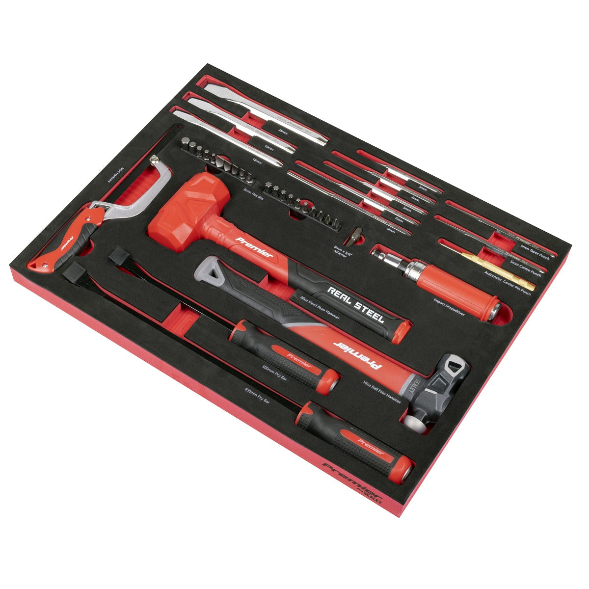 Premier Striking, Pry Bar, Hacksaw & Impact Screwdriver Set with Tool Tray 39pc TBT66