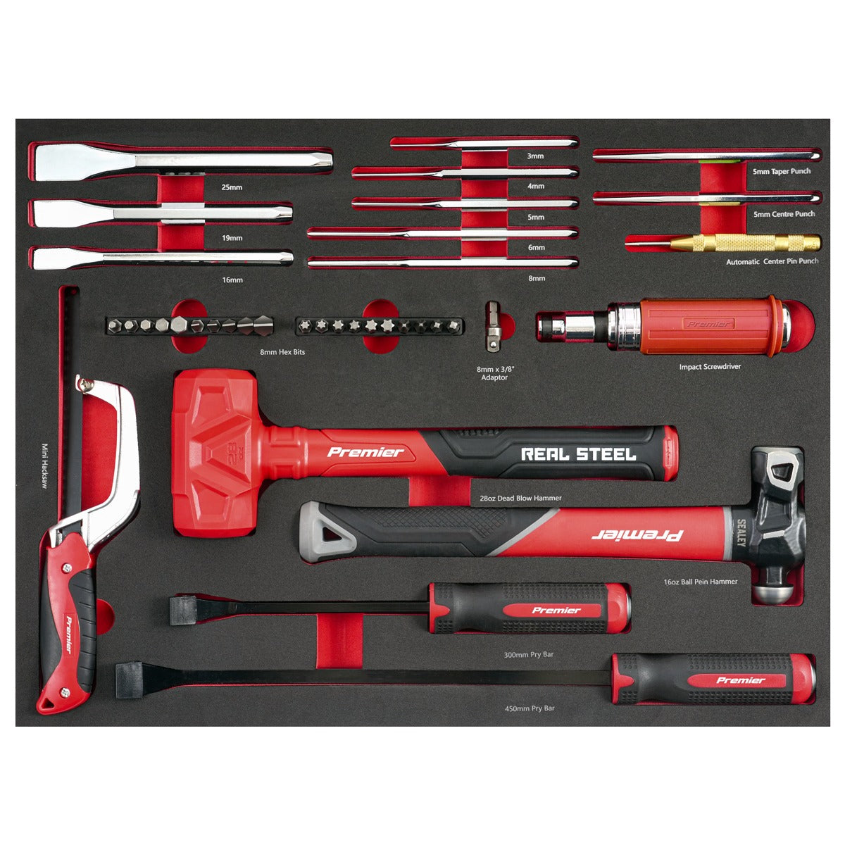 Premier Striking, Pry Bar, Hacksaw & Impact Screwdriver Set with Tool Tray 39pc TBT66