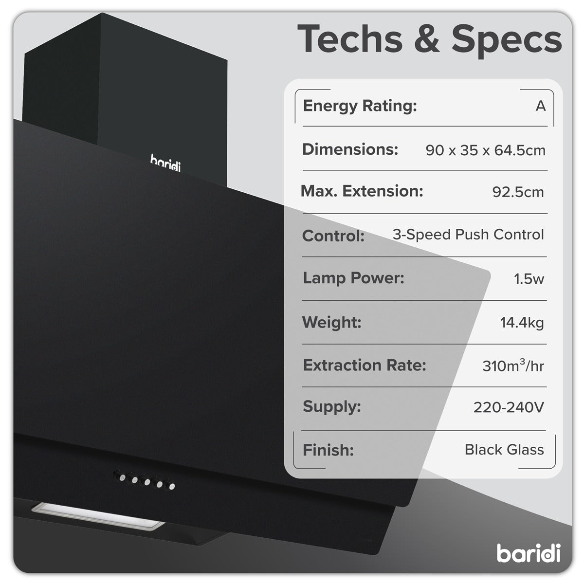 Baridi Angled Chimney Cooker Hood with Carbon Filters & LED Lamp 90cm, Energy Class A - Black Glass DH106