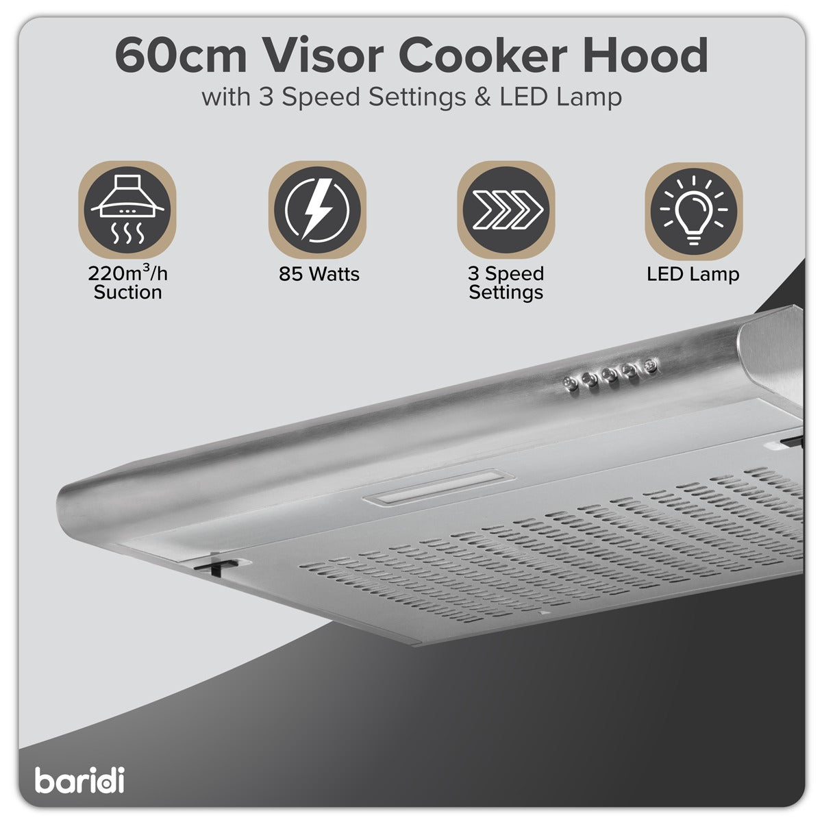 Baridi Visor Cooker Hood Extractor Fan 60cm - Stainless Steel DH108