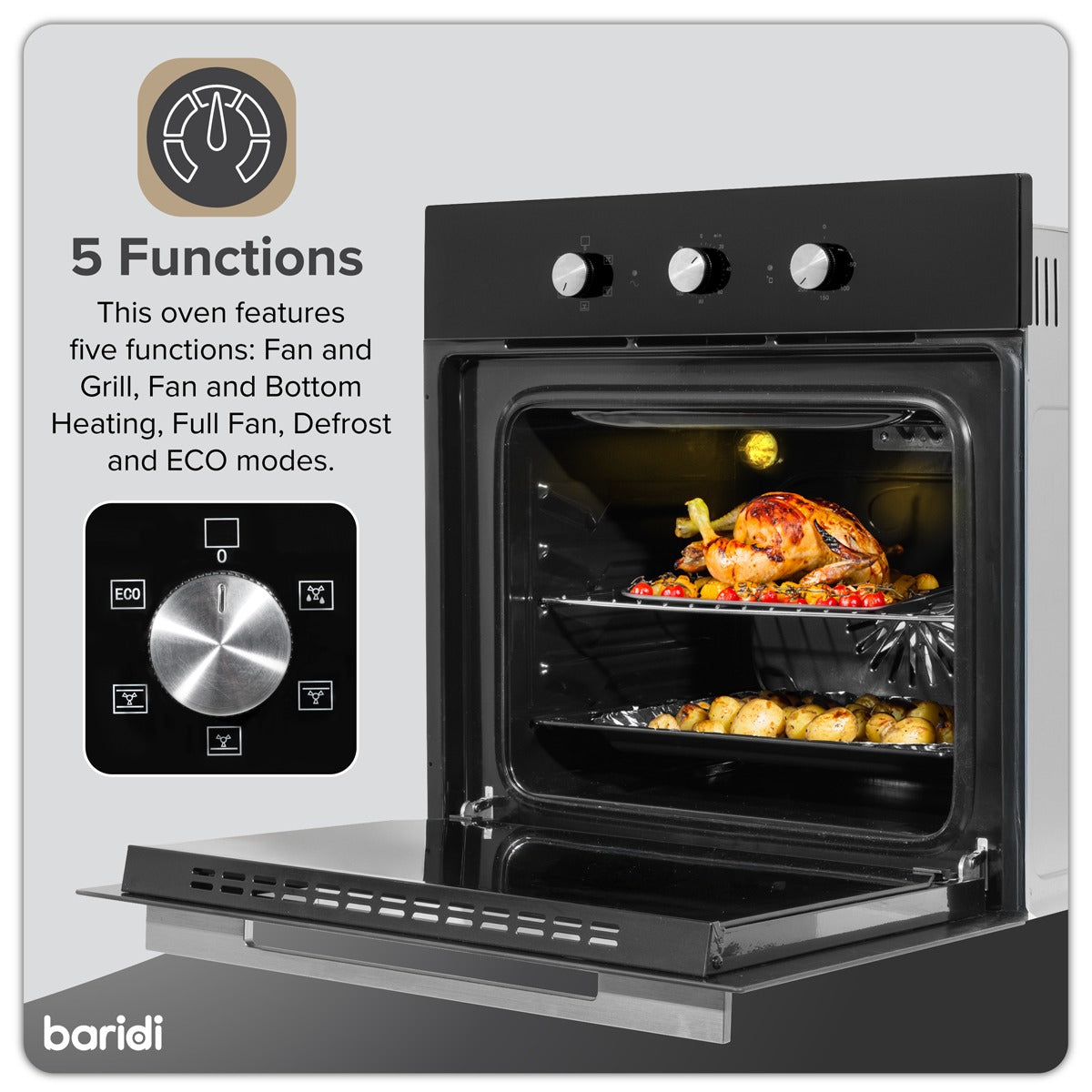 Baridi Built-In 5-Function Fan Assisted Oven with Timer 60cm, 55L Capacity - Black DH110