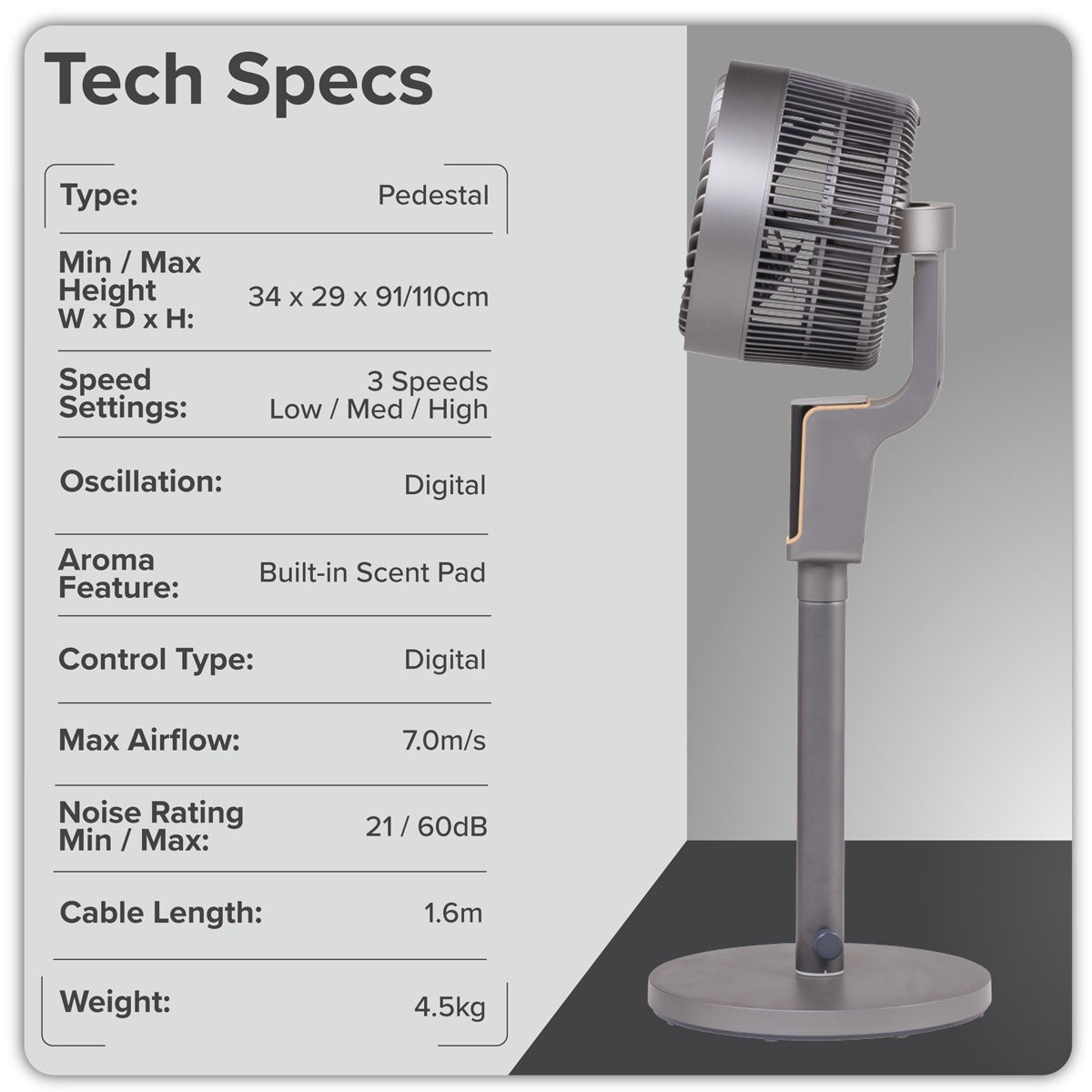 Baridi 12" Pedestal Fan with Remote Control & 12hr Timer 230V - Grey DH141
