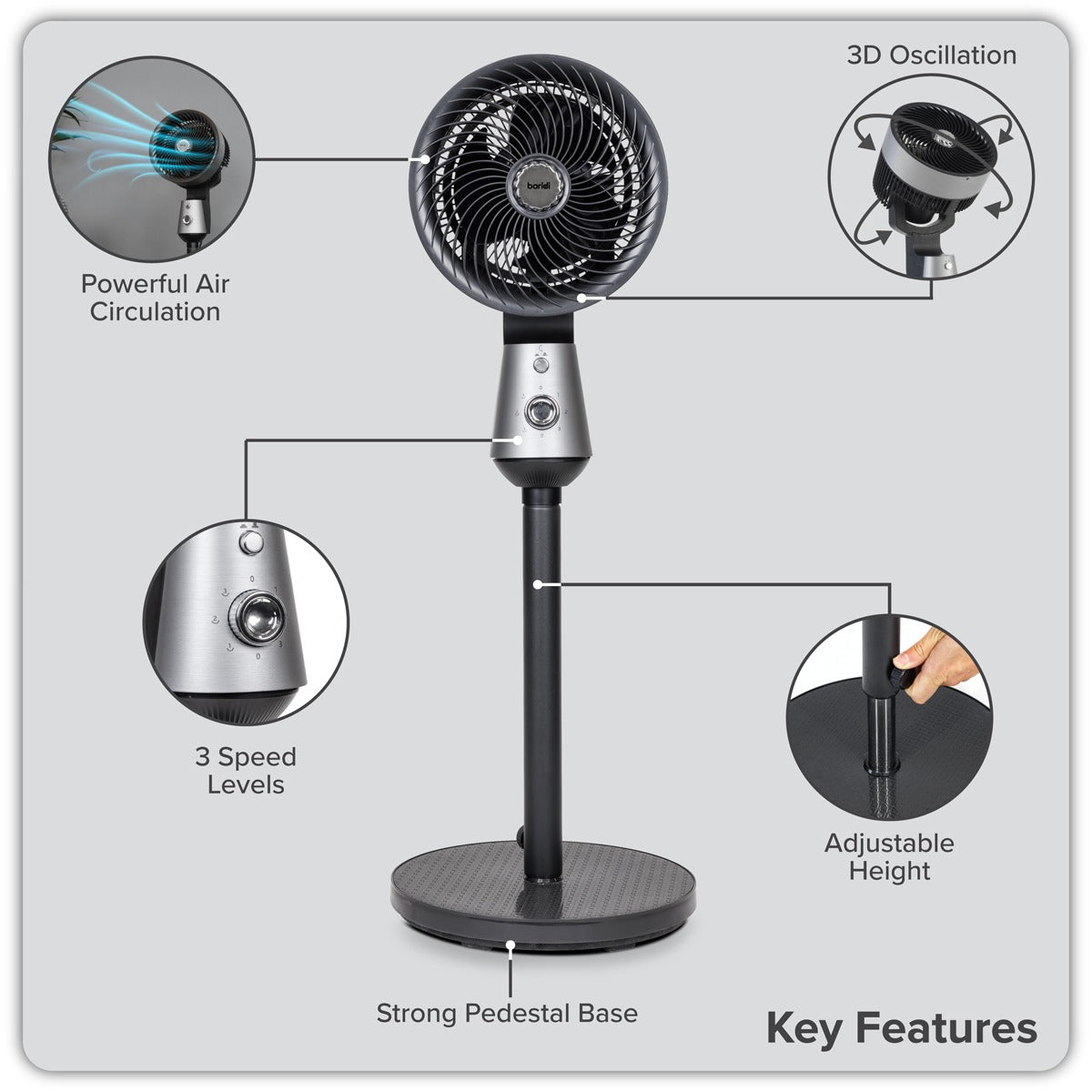 Baridi 10" Pedestal Fan with Manual Control 230V - Grey DH142