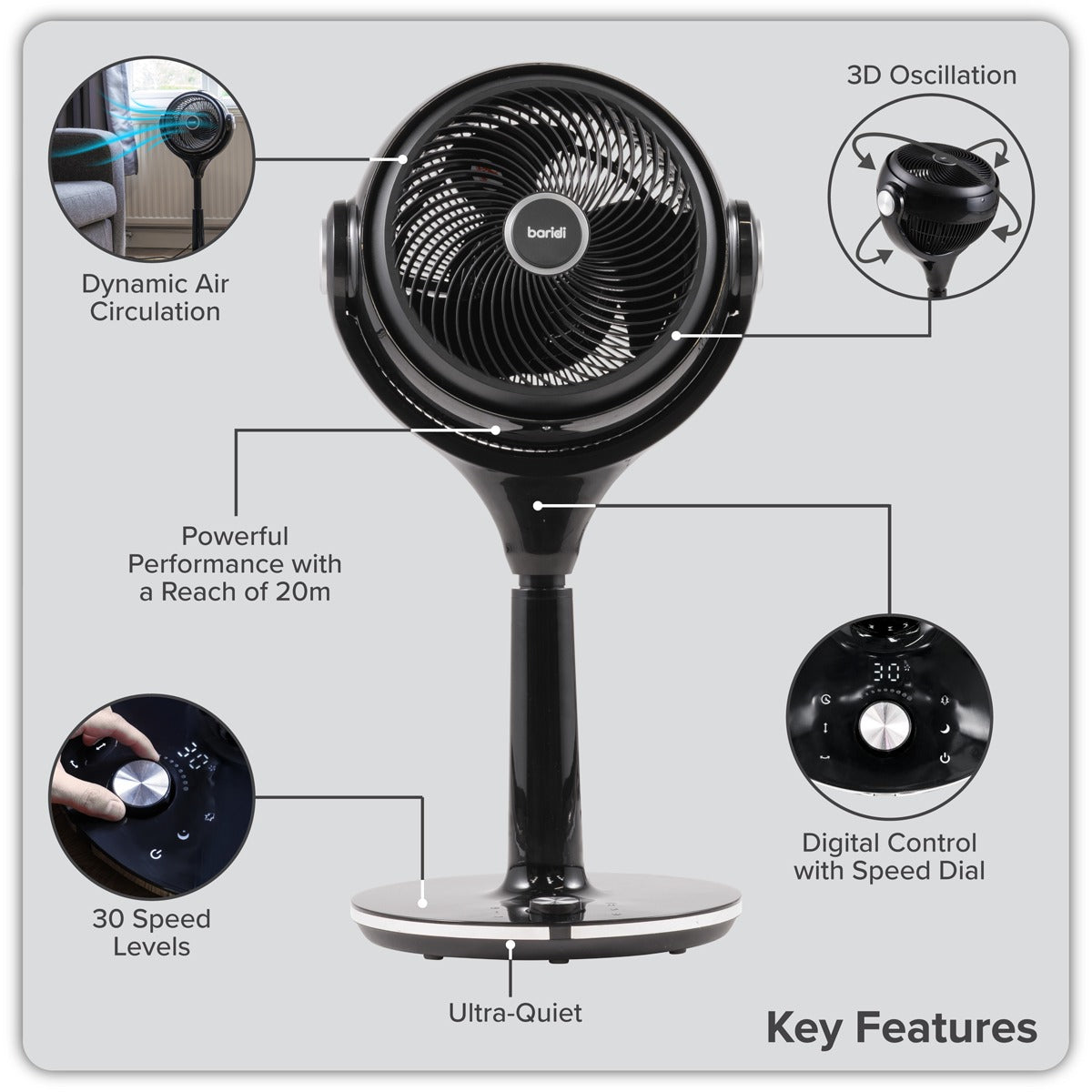 Baridi 10" Pedestal Fan with Remote Control & 12hr Timer 230V - Black DH143