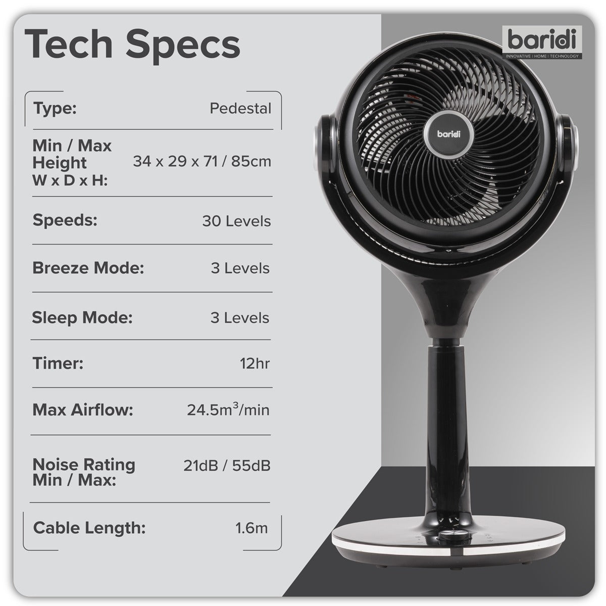 Baridi 10" Pedestal Fan with Remote Control & 12hr Timer 230V - Black DH143