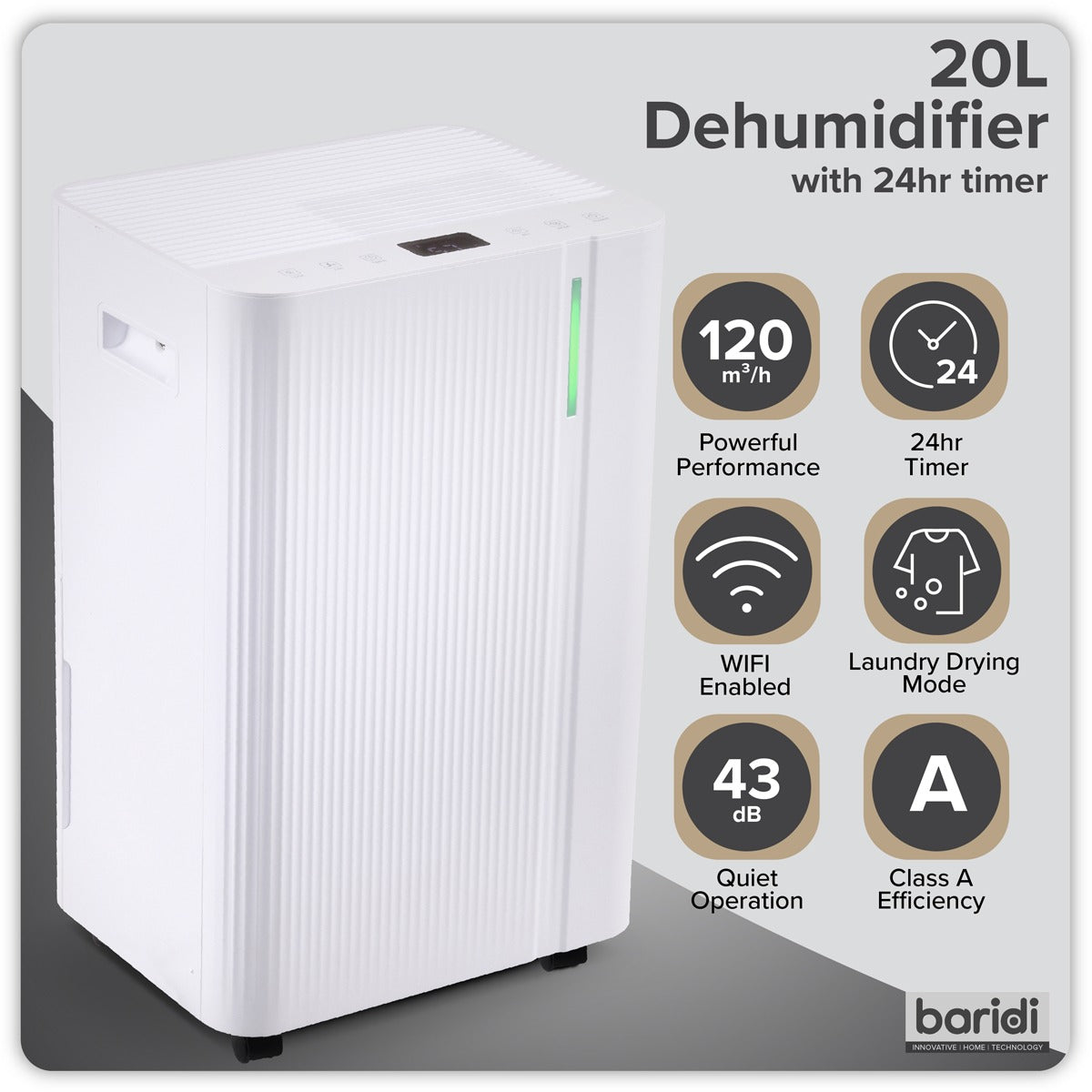 Baridi Dehumidifier with Digital Display & 24hr Timer 20L - White DH148