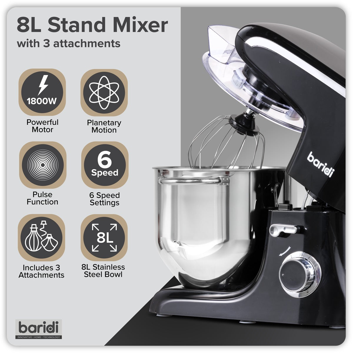 Baridi 1800W Stand Mixer with Accessories 8L - Black DH174