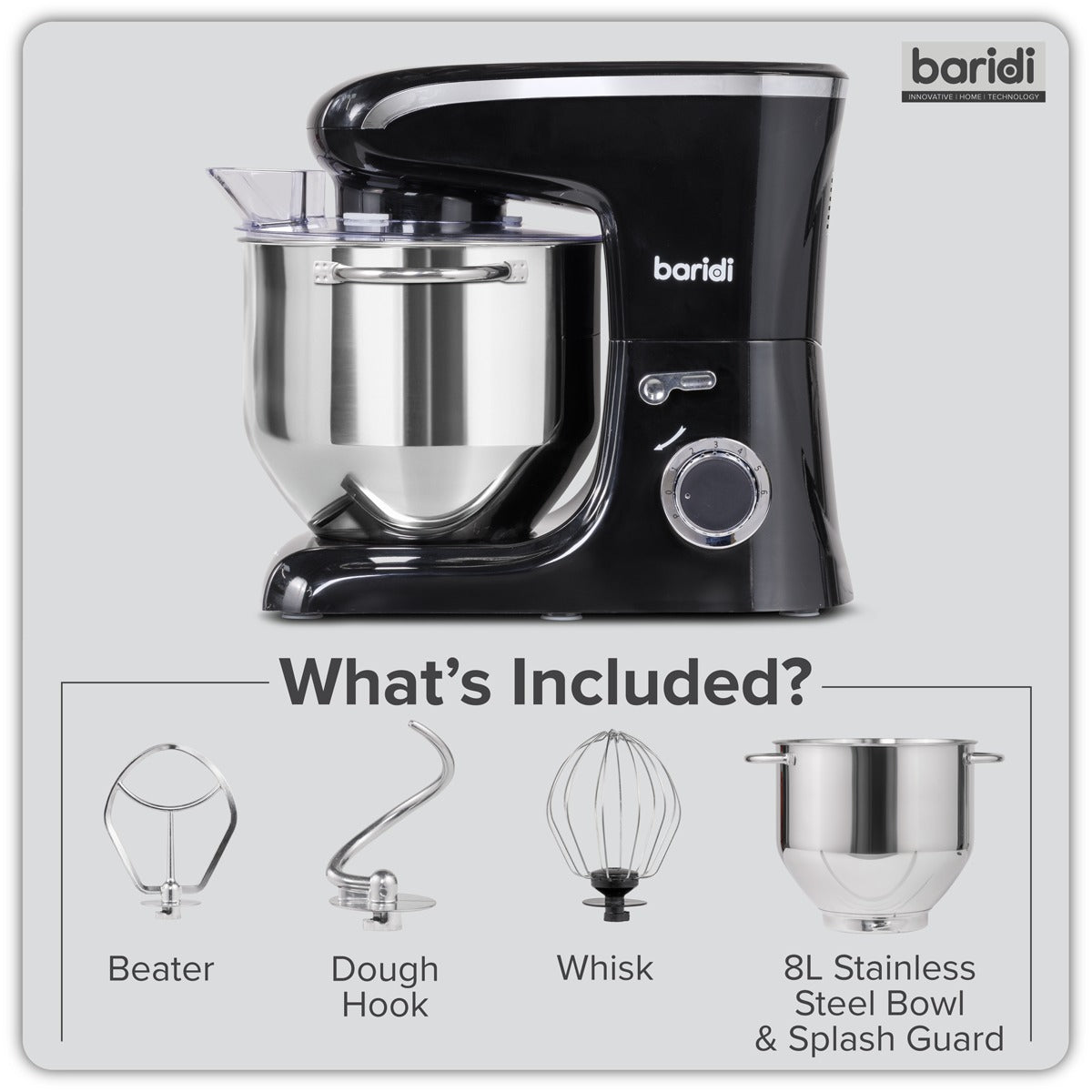 Baridi 1800W Stand Mixer with Accessories 8L - Black DH174