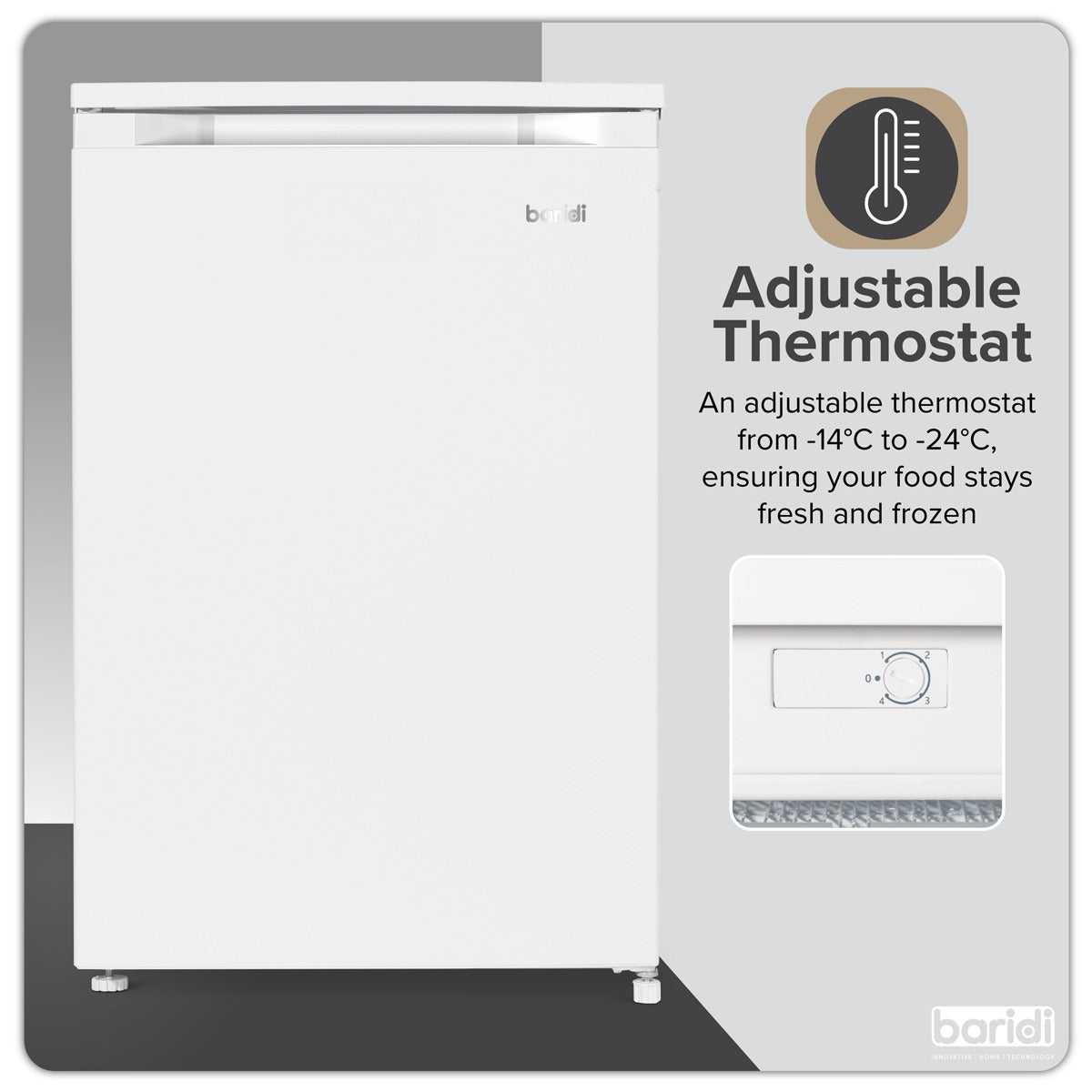 Baridi 55cm Undercounter Freezer with Adjustable Thermostat 85L - White DH250