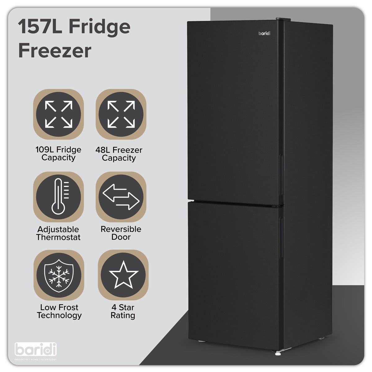 Baridi 47cm 70/30 Fridge Freezer, 157L Capacity Low Frost DH253