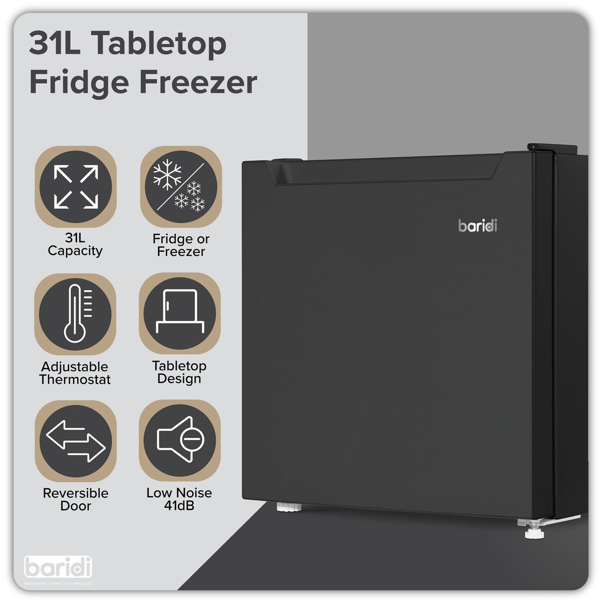 Baridi Mini Tabletop Fridge/Freezer, 31L Capacity - Black DH255