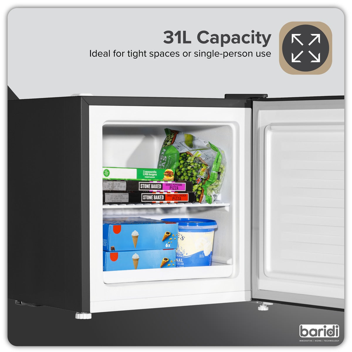 Baridi Mini Tabletop Fridge/Freezer, 31L Capacity - Black DH255