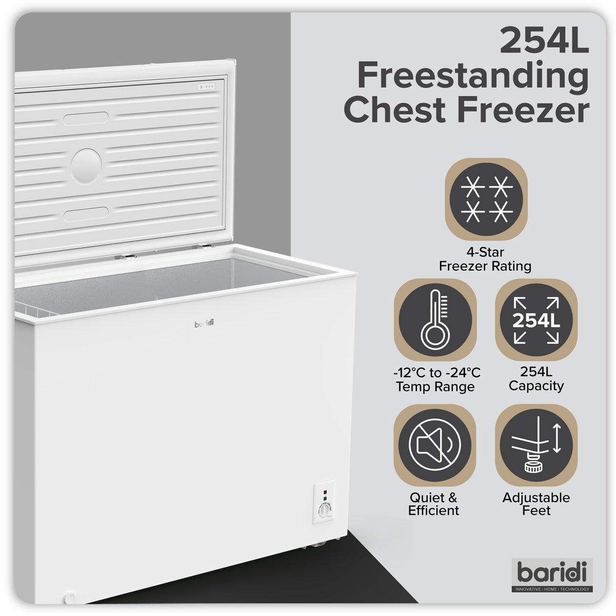 Baridi Freestanding Chest Freezer 254L Capacity - White DH258