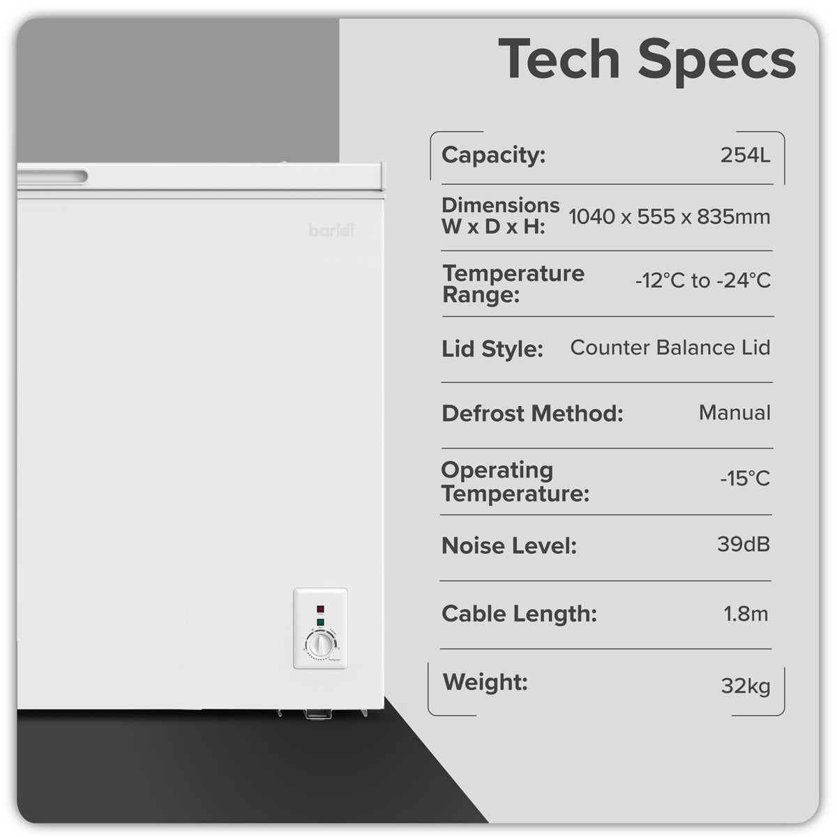 Baridi Freestanding Chest Freezer 254L Capacity - White DH258