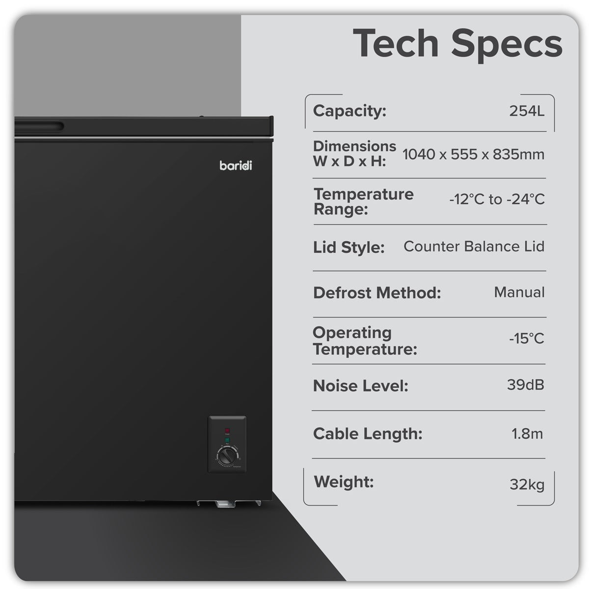 Baridi Freestanding Chest Freezer 254L Capacity - Black DH259