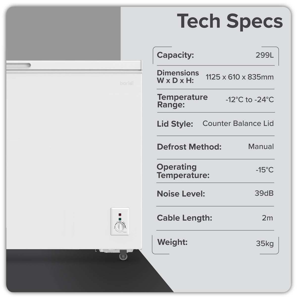 Baridi Freestanding Chest Freezer 299L Capacity - White DH260