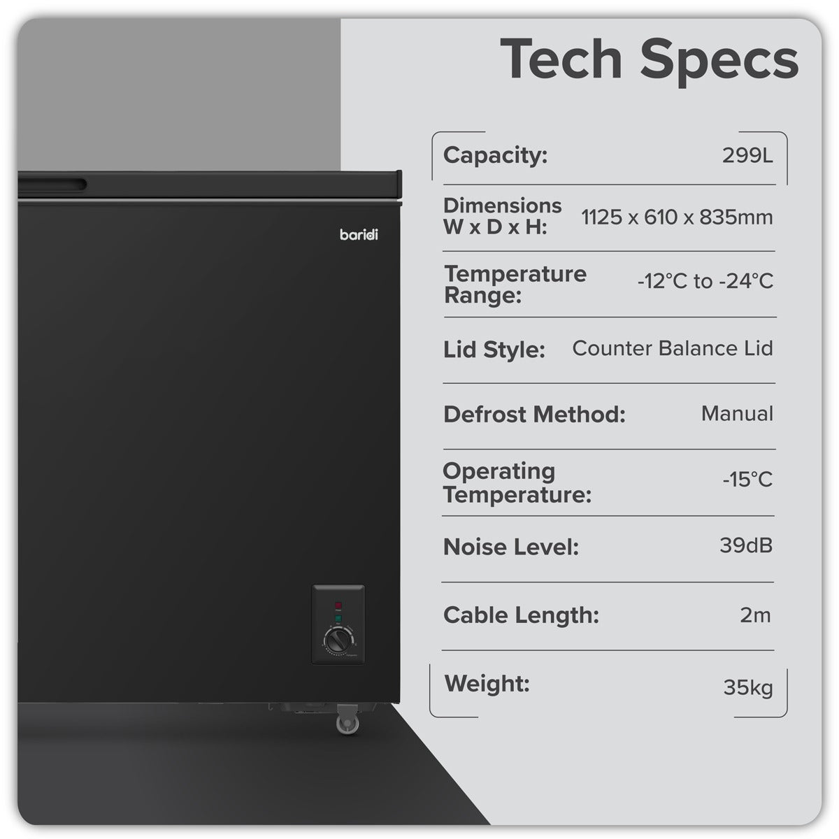 Baridi Freestanding Chest Freezer 299L Capacity - Black DH261