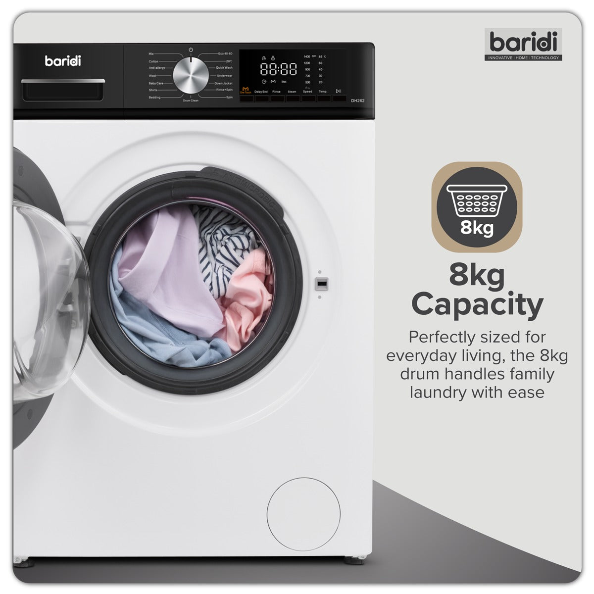 Baridi 8kg Washing Machine, Front Loading, 1400rpm Energy Rating A – White DH262