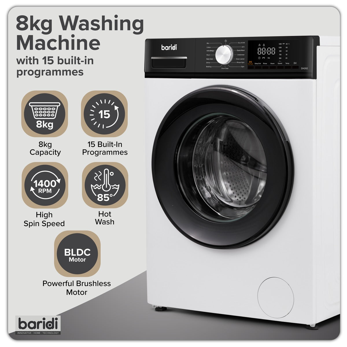 Baridi 8kg Washing Machine, Front Loading, 1400rpm Energy Rating A – White DH262