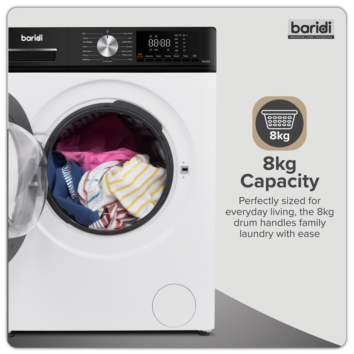 Baridi 8/5kg Washer Dryer, Front Loading, 1400rpm Energy Rating A – White DH263