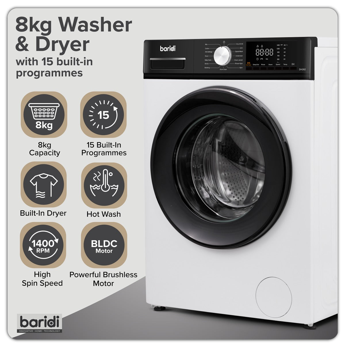 Baridi 8/5kg Washer Dryer, Front Loading, 1400rpm Energy Rating A – White DH263