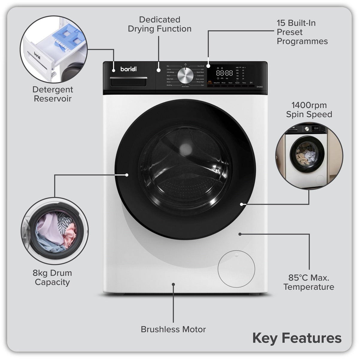 Baridi 8/5kg Washer Dryer, Front Loading, 1400rpm Energy Rating A – White DH263