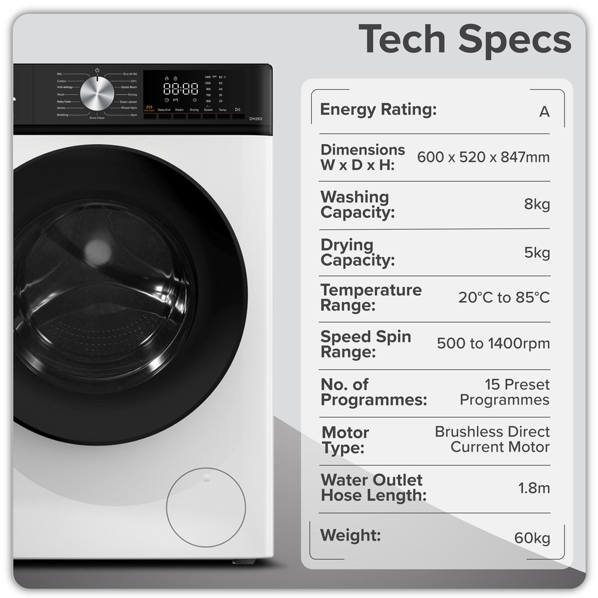 Baridi 8/5kg Washer Dryer, Front Loading, 1400rpm Energy Rating A – White DH263