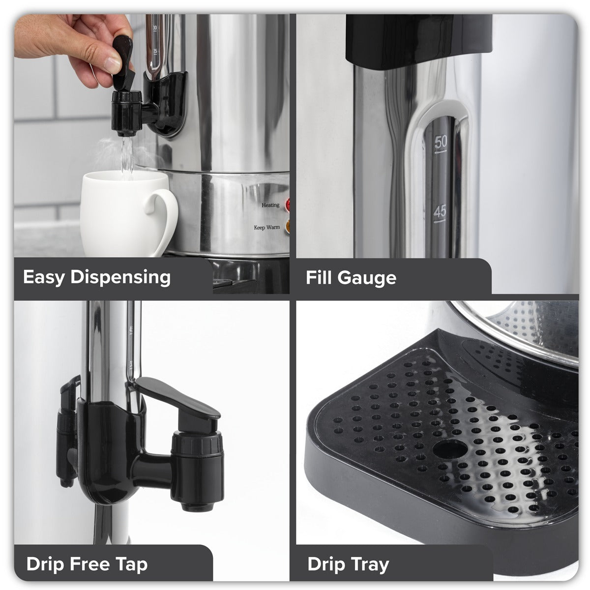 Baridi Hot Water Boiler/Tea Urn 10L Capacity, Stainless Steel DH269