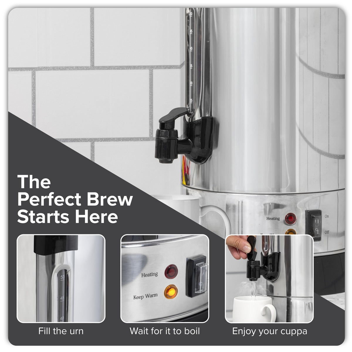 Baridi Hot Water Boiler/Tea Urn 10L Capacity, Stainless Steel DH269