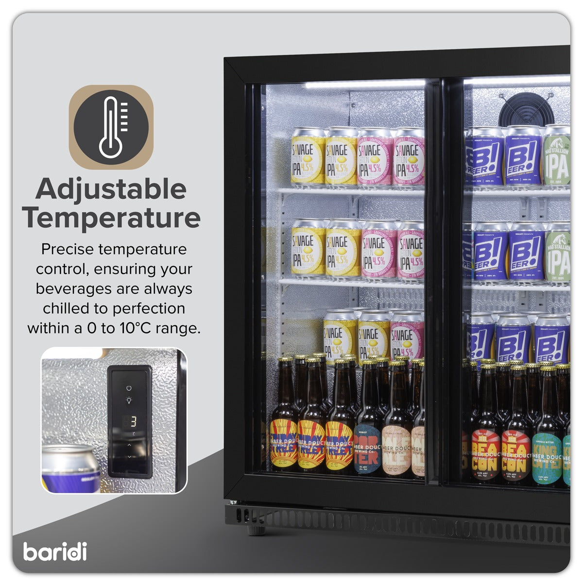 Baridi Back Bar Drinks Fridge/Cooler with Double Sliding Doors, 190L Capacity DH273
