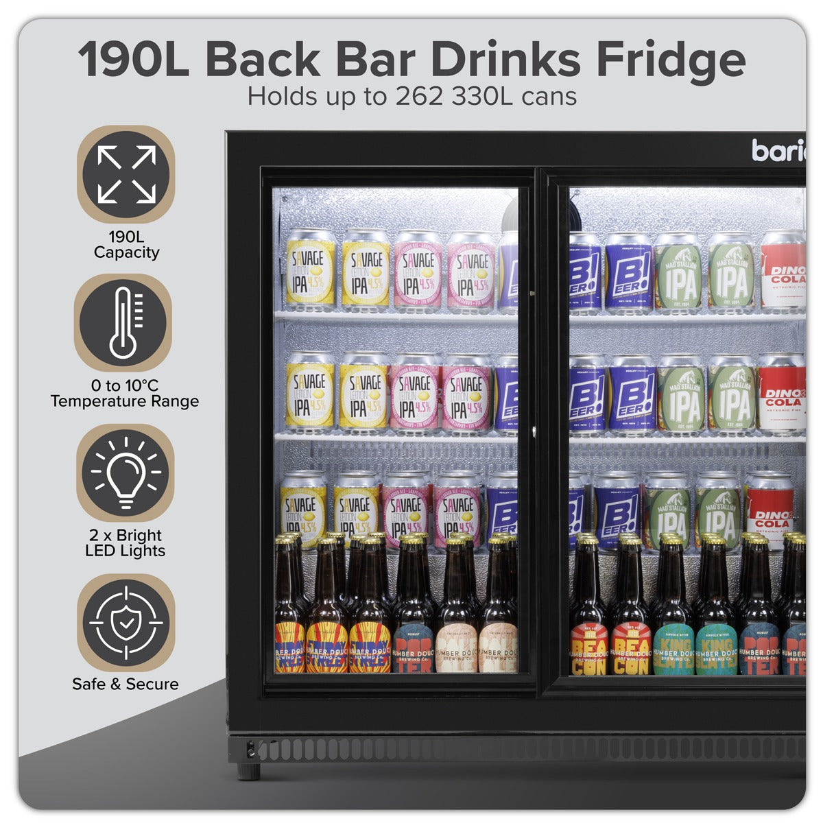 Baridi Back Bar Drinks Fridge/Cooler with Double Sliding Doors, 190L Capacity DH273