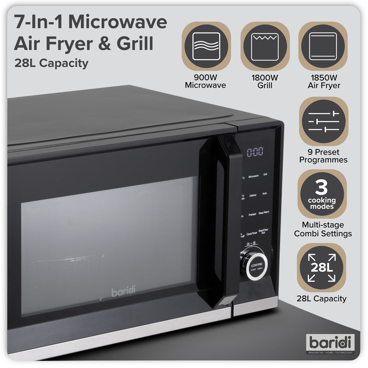 Baridi 7-in-1 Air Fryer Microwave & Grill, 28L Capacity - Black DH277