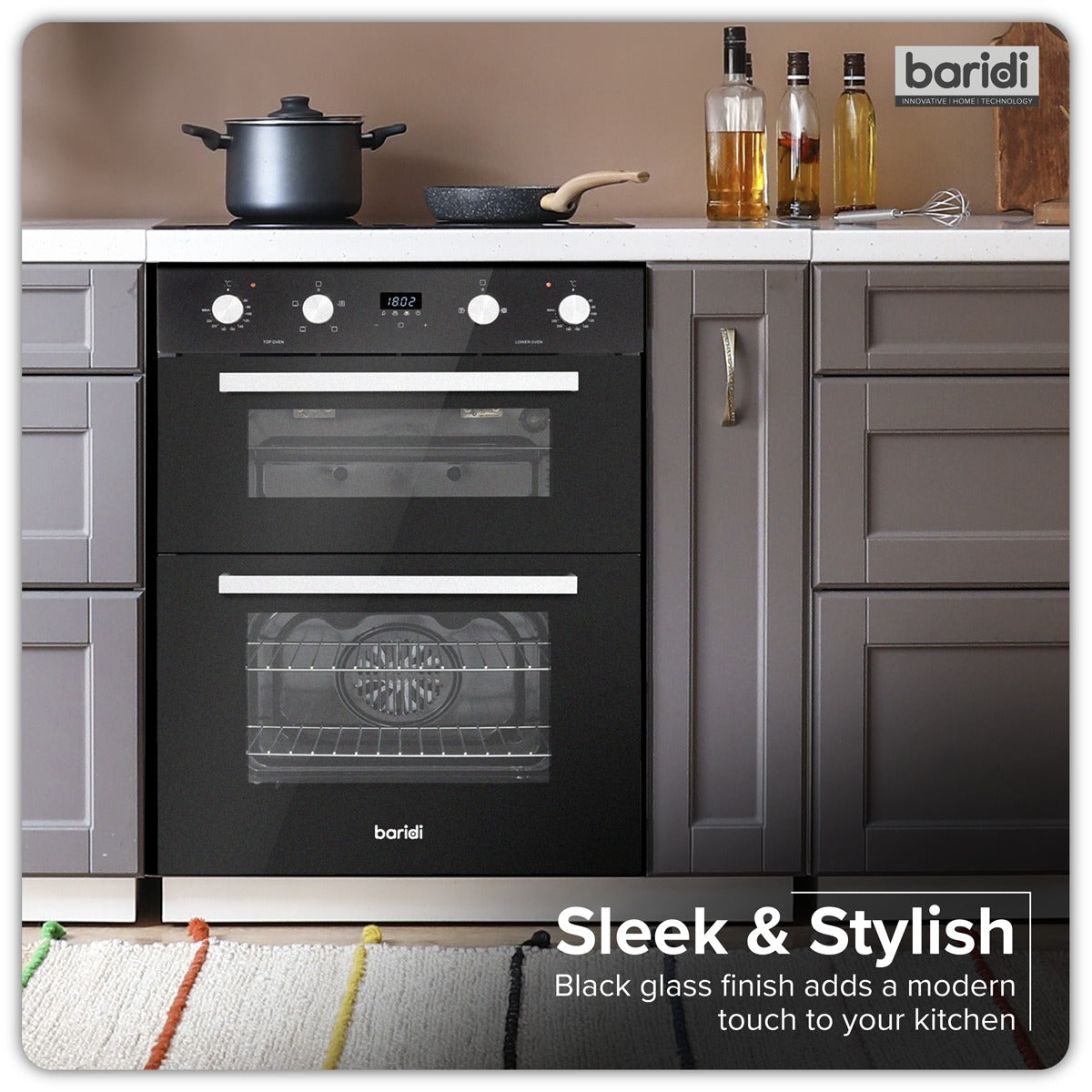 Baridi 72cm Built-Under Double Oven, 74L Capacity, Energy Rating A - Black DH278