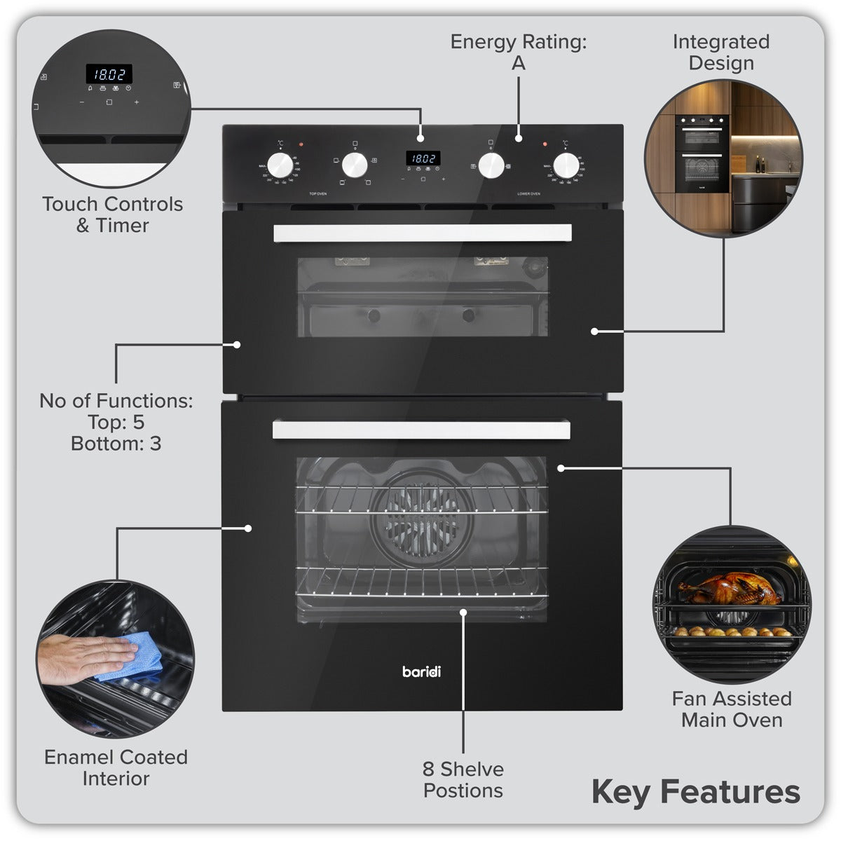 Baridi 90cm Built-In Double Oven, 88L Capacity, Energy Rating A - Black DH279