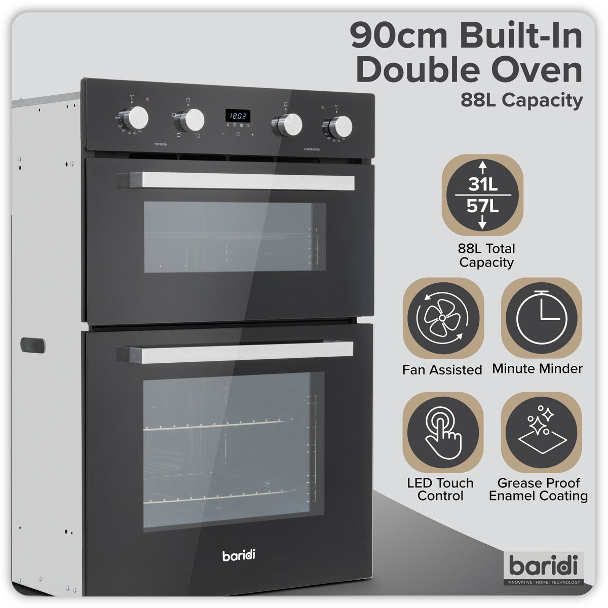 Baridi 90cm Built-In Double Oven, 88L Capacity, Energy Rating A - Black DH279