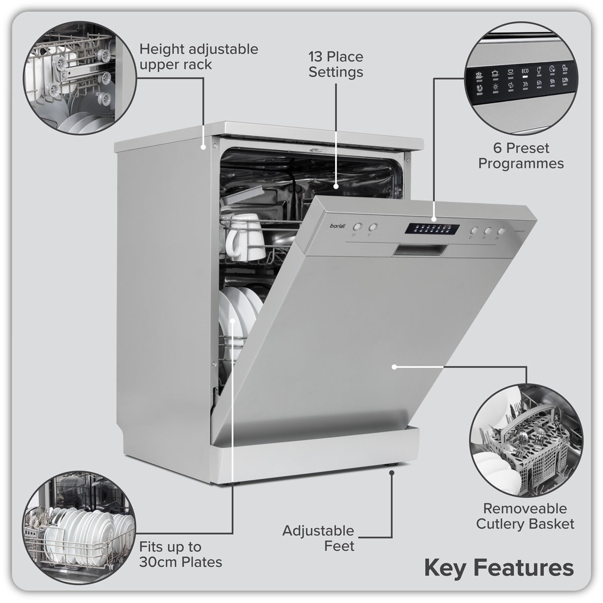 Baridi Regular Sized Freestanding Dishwasher 60cm Wide 13 Place Settings - Silver DH280
