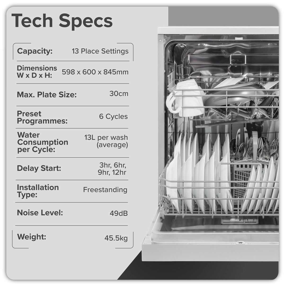 Baridi Regular Sized Freestanding Dishwasher 60cm Wide 13 Place Settings - Silver DH280