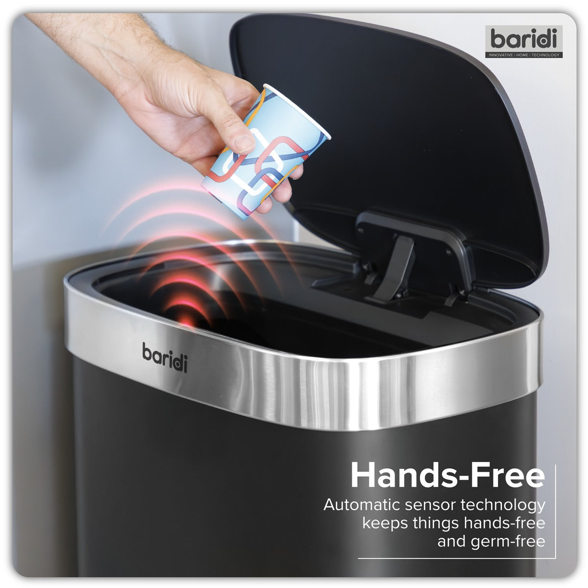 Baridi Sensor Bin 50L - Black/Stainless Steel DH281