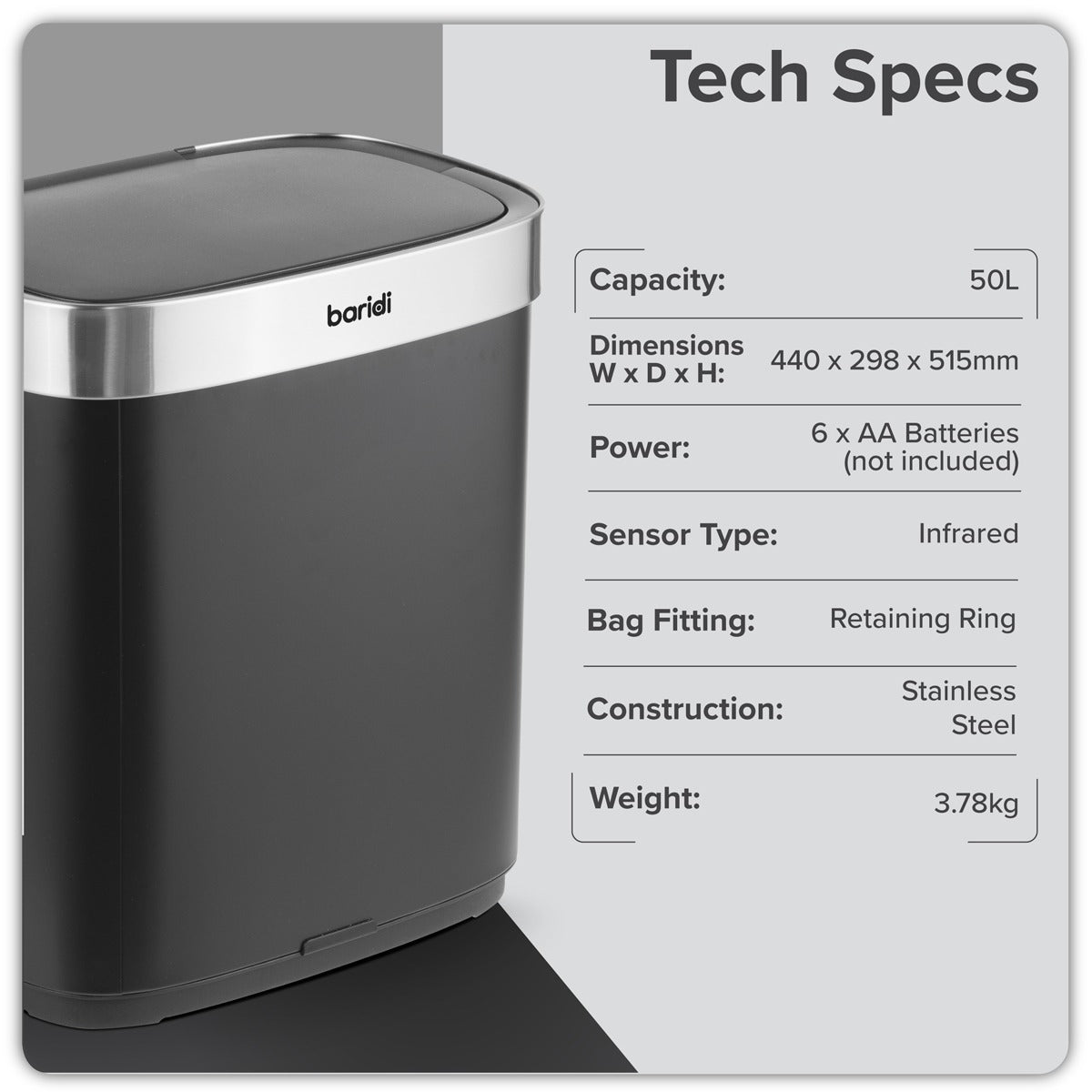 Baridi Sensor Bin 50L - Black/Stainless Steel DH281