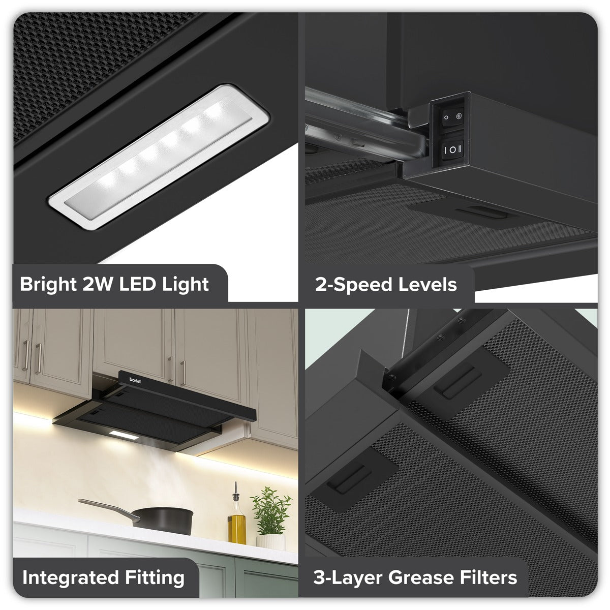 Baridi Telescopic Cooker Hood with Aluminium Filters 60cm - Black DH287